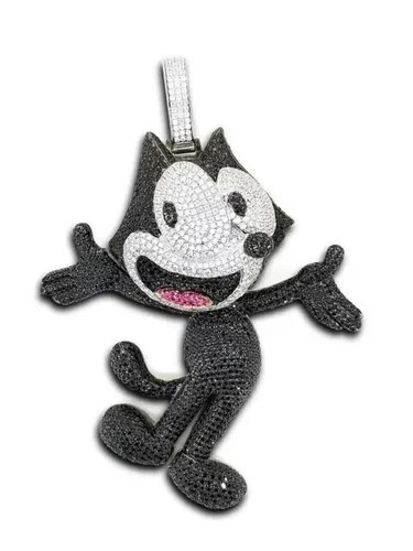 3.30Ct Round Cut Black Moissanite Felix Cat Charm Pendant 14K White Gold Plated - Picture 2 of 11