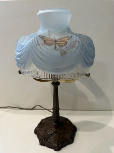 Antique PLB & G Co. Bronze Lamp w/Coleman Blue Glass Butterfly & Flower Shade - Picture 2 of 9