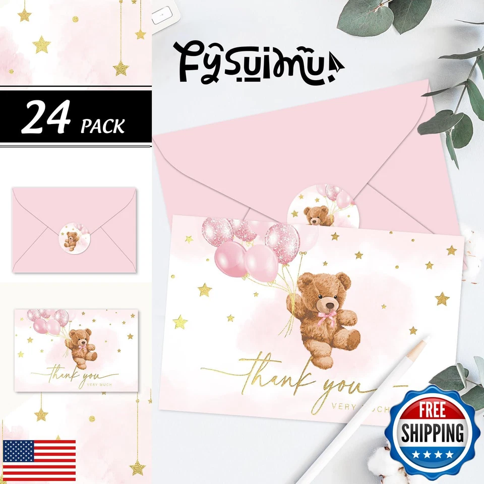 Paquete de 24 tarjetas de agradecimiento FYSUIMU oso lámina dorada estrella rosa globo oso saludo Foto 3 de 4