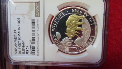 2017 Gilt Gild Somalia 24kt Gold Plated 1oz .9999 Silver ElephantNGC Graded MS69 - Picture 2 of 5