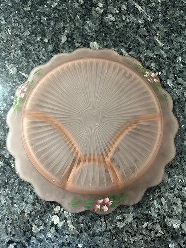 Anchor Hocking Mayfair Pink Frost Satin HP Roses 13" Divided Platter #2234 - Picture 3 of 7