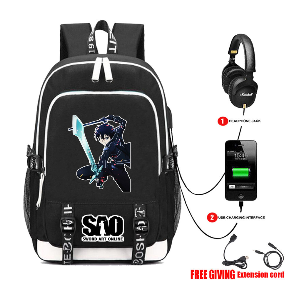 Sword Art Online SAO USB Mochila Lona Bolso Escolar Portátil Bolsas de Viaje Mochila