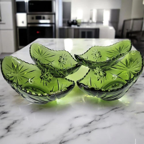 4 Vtg. MCM Anchor Hocking Green Glass Dish Atomic Burst Boat Shaped Banana Split