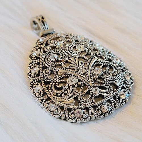 Viktorianischer Stil Strass Anhänger Träne durchbrochen silberfarben Metall 13748 - Bild 3 von 8