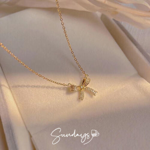 18k Gold Plated Crystal Bow Pendant Chain Necklace Womens Girls Jewellery Choker - Picture 4 of 19