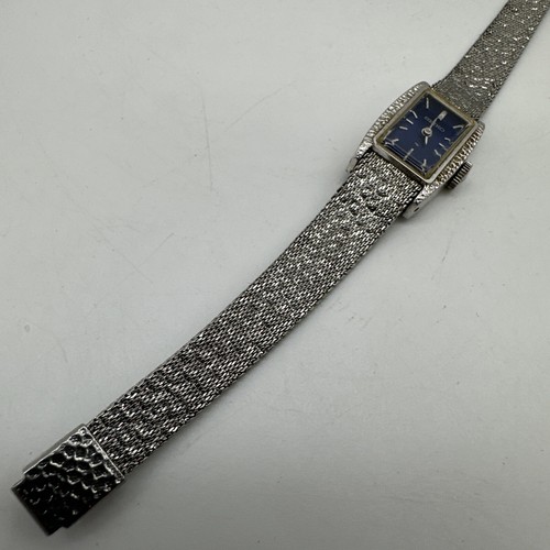 Seiko Ladies 17mm Watch Textured Silver Tone Rectangle Blue Face Wind Up 11-3189 - Picture 3 of 8