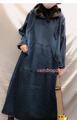 Herbst Retro Kleid Damen Vintage locker Denim Kapuze Langarm Freizeitkleid - Bild 12 von 12