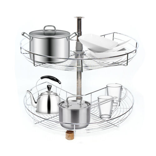 KITCHEN PANTRY CORNER ROTATING CAROUSEL REVOLVING WIRE BASKET Silver 270° 710mm - Picture 3 of 17