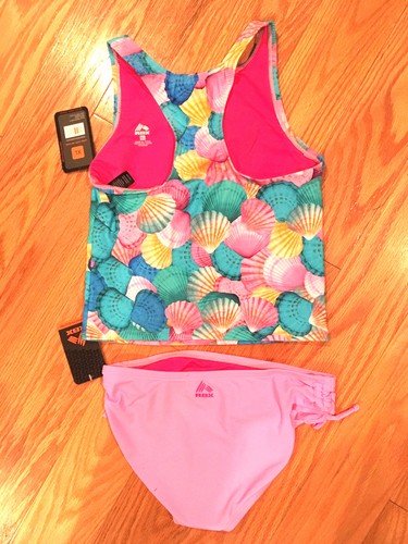 Girls Swim swimsuit 2 piece Tankini Large XL Black Pink Palm trees Shells NEW - Picture 2 of 10