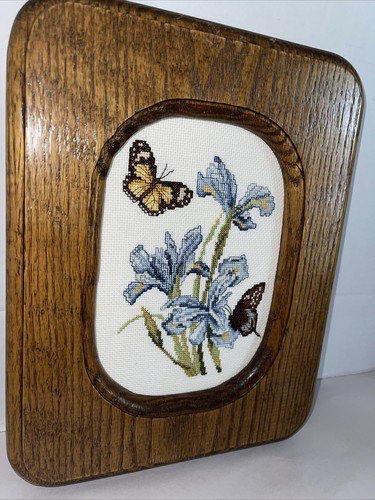 Iris Flowers Butterflies Cross Stitch Wood Framed Completed Wall Hanging 12x9” - Picture 3 of 10