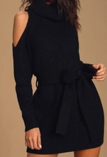 LULUS Sweet Demeanor Black Turtleneck Cold Shoulder Sweater Dress Size MEDIUM