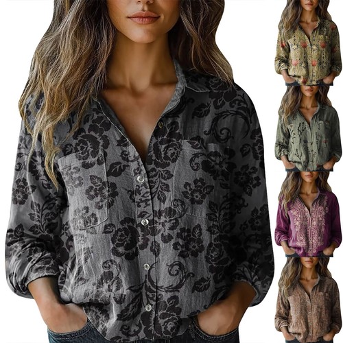 Women's Ethnic Shirts Floral Print Button Down Shirt Long Sleeve Blouse Boho Top