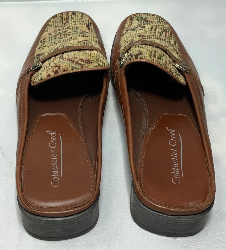 Coldwater Creek Loafers Women 7.5 M Brown Leather Tapestry Mules Slip-On - Image 4 of 4