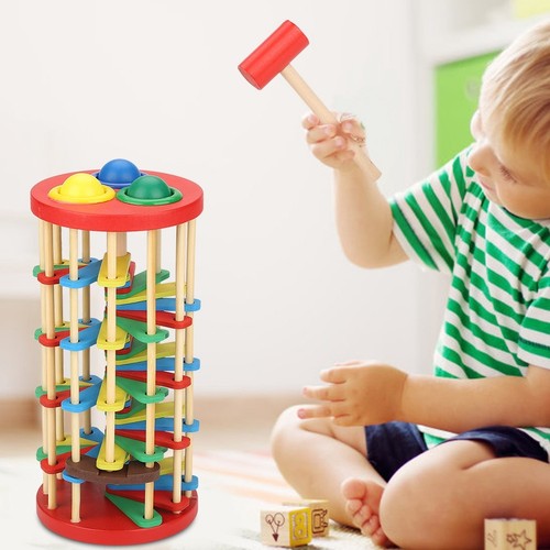 Pound And Roll Wooden Tower With Hammer Knock The Roll Off Ladder Kid Toy - Picture 3 of 12