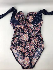 Fig Leaves Midnight Grace One Piece Swimming Costume Blue Polka Dot Floral S88