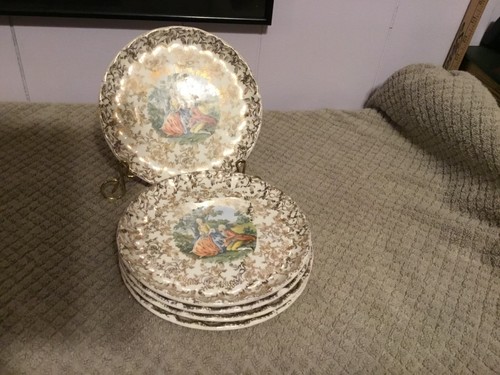 W.S. George Atlas China Co., USA, 22K Gold 5 Dessert Plates-Courting Scene - Picture 12 of 20