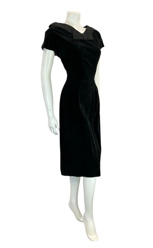 VTG 60S V BOAT NECK BOW BLACK VELVER SHORT SLEEVE PARTY LITTLE BLACK DRESS 10 - Picture 6 of 9