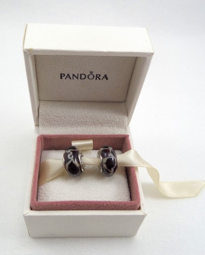 2 Pandora Sterling Charm Beads Black & off -White Animal Print Art Glass in Box - Picture 7 of 10