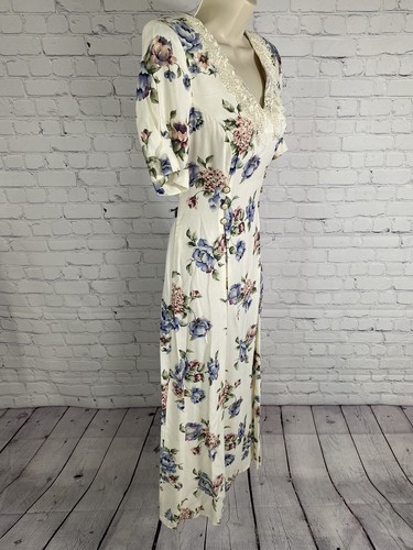 VTG En Focus White Multicolor Floral V Neck Lace Shoulder Padded Dress Size 10 - Picture 2 of 12