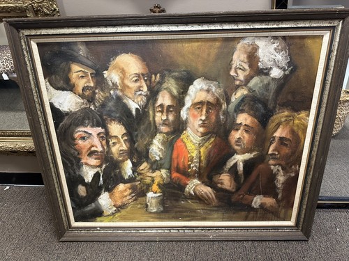 Vintage Dutch Old Master Oil Painting of a Bar Scene With Historical Figures