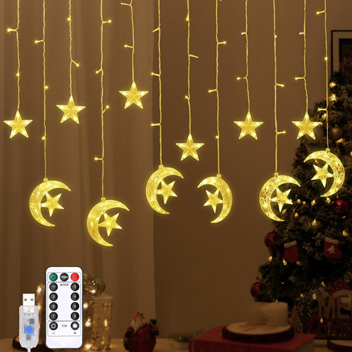 138 LED Star Moon String Curtain Lights,Hanging Fairy Lights with 6H Timer & 8 M - Picture 9 of 12