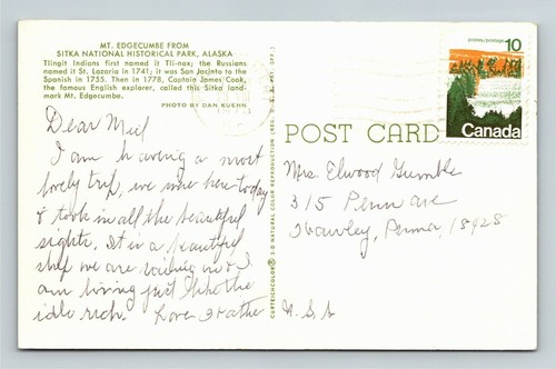 Postal Sitka AK-Alaska, Parque Histórico Nacional Sitka, Monte Edgecumbe c1975 - Imagen 2 de 2