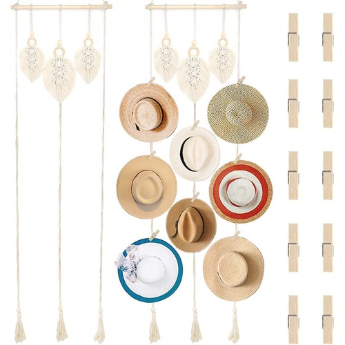 Boho Hat Storage Woven Rack Cap Holder Organizer Hanger Wall Decor W/Clips - Picture 6 of 8