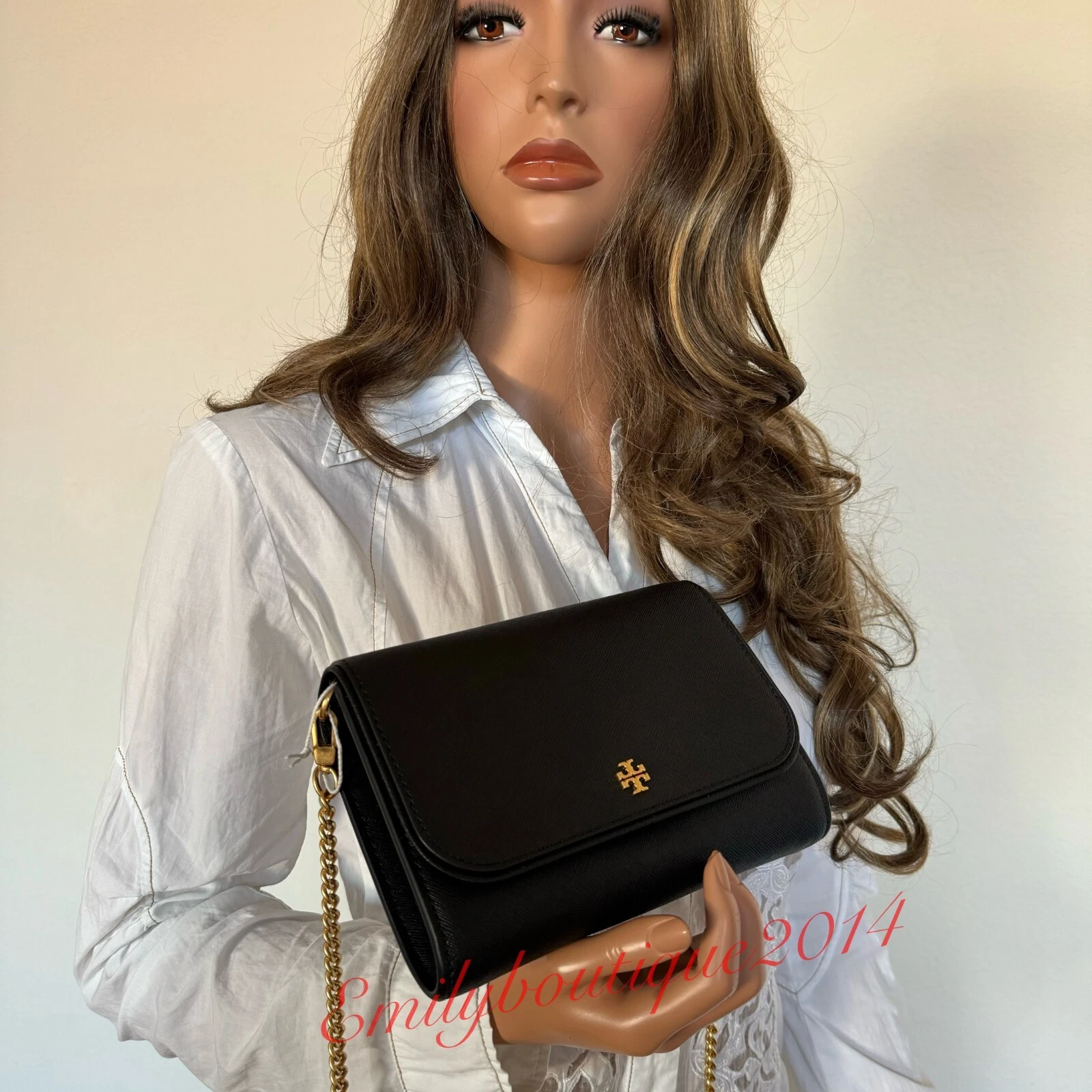 Portafoglio nuovo con etichette Tory Burch 136093 Emerson catena pelle saffiano borsa nera messenger