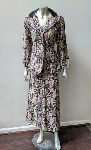 VTG TAPESTRY LAPEL COLLAR JACKET BELTED MIDI MAXI PENCIL SKIRT 2 PC SUIT  M - Bild 1 von 6