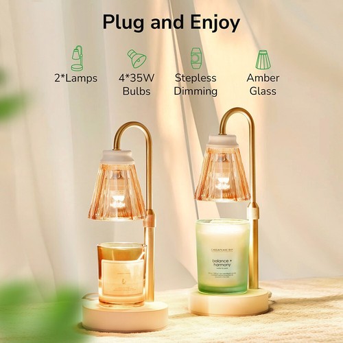 2 Candle Warmer Lamps, Height Adjustable Amber Wax Warmer with Dimmer and Bulbs - Picture 5 of 10