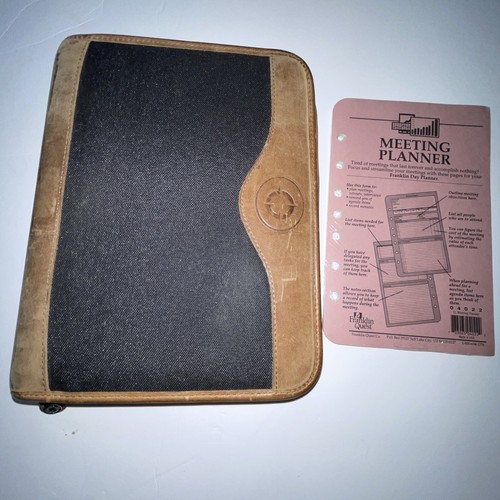 Franklin Quest Planner Green Line Black Canvas Brown Leather Trim 7 Ring Zip - Afbeelding 2 van 21
