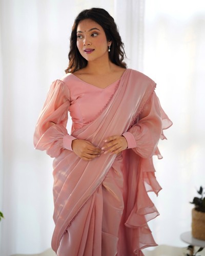 Premium Jimmy Choo Organza Saree with Ruffle, Lace Border & Padded Blouse - Picture 12 of 25