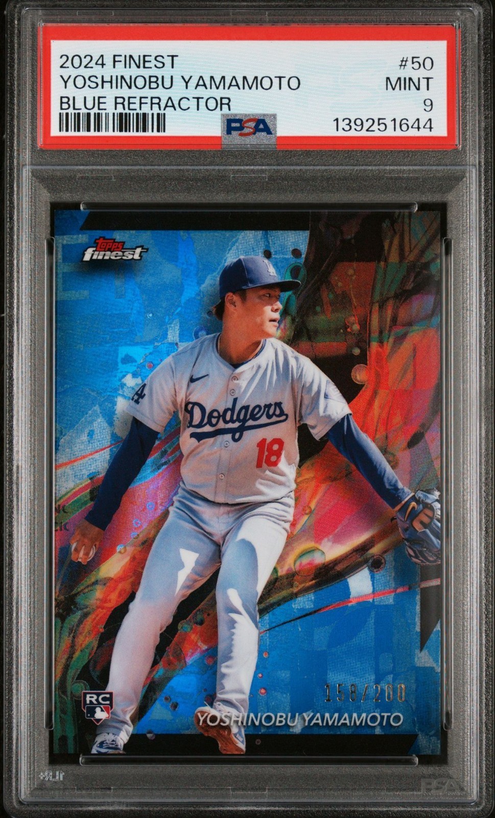 2024 Topps Finest - Common Yoshinobu Yamamoto #50 Blue Refractor /200 (RC) PSA 9