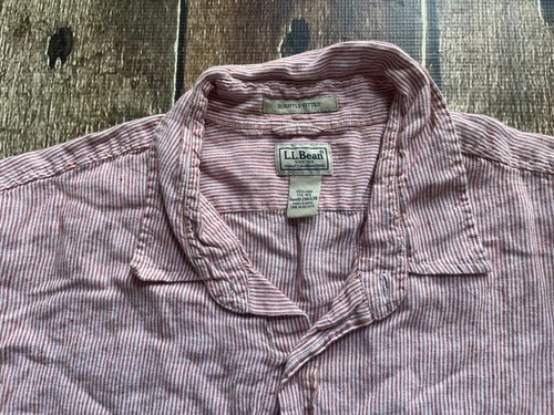 LL BEAN SLIGHTLY FITTED 100% LINEN STRIPED SPORT SHIRT RED MENS XXL REG EUC - Picture 4 of 8