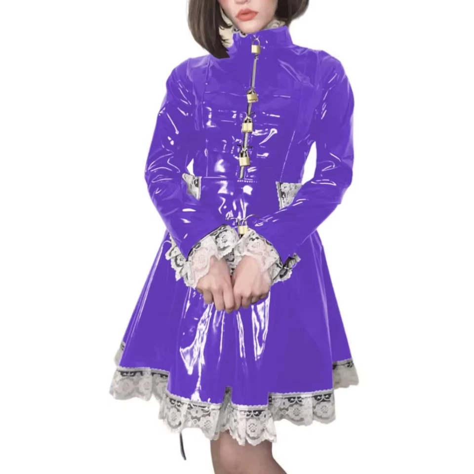 MARKENLOS Abschließbar Glänzend PVC Spitze Langarm Plissiert A-Linie Minikleid Mit Schürze