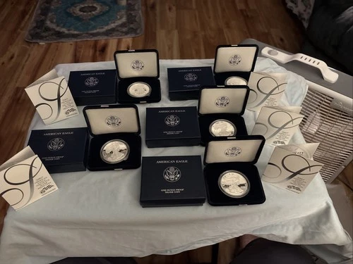 2007 W AMERICAN EAGLE 1 OUNCE SILVER PROOF COIN WITH COA ( SET OF 5 )