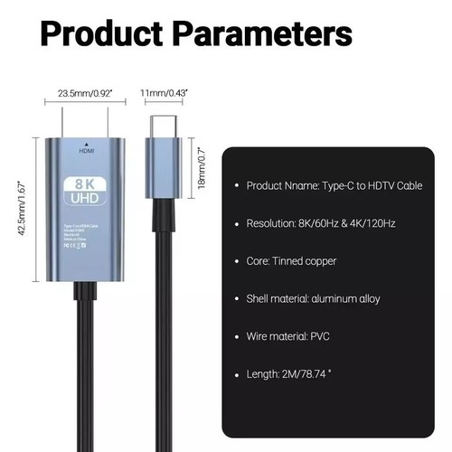 Type C USB C to HDMI 2.1 Cable 8K@60HZ 4k@120HZ Ultra High-Speed 48Gbps 2M Cord - 第 6/9 張圖片