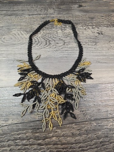 Black Gray Gold Seed Bead Fringe Tassel Crochet Statement Necklace - Picture 2 of 3