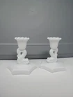 Pair Vtg 1940s Westmoreland White Milk Glass Dolphin 4” Candlestick Holders Koi