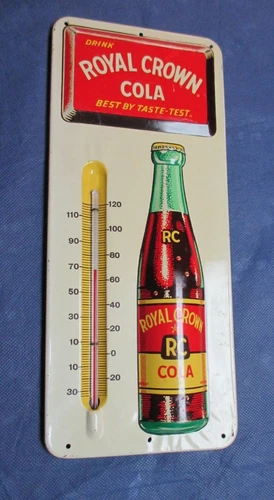 Vintage RC ROYAL CROWN COLA Soda Thermometer Tin Sign~Red/Yellow 40s Bottle~LQQK