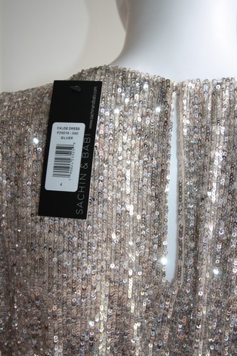 Sachin & Babi Chloe Long Sleeved Fit and Flare Silver Sequin Dress, BNWT UK 8/10 - Picture 13 of 14