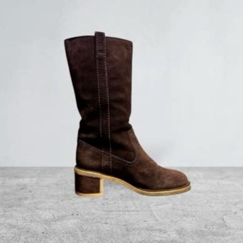 CHANEL suede Heel Boots Shoes Women Size 37 2/1 COCO MARK Brown - Picture 4 of 9
