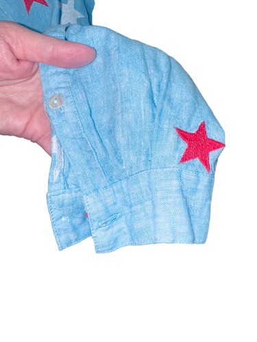 John Mark Sky Blue Embroidered Star Linen Patriotic USA Button Up Top Money - Picture 9 of 9