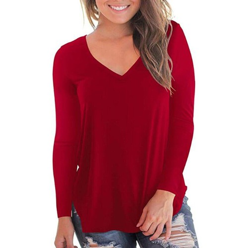Damen-T-Shirts V-Ausschnitt Langarm einfarbig lässig locker Tops Basic Shirt Bluse US - Bild 16 von 25