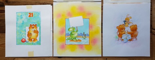 3 illustrazioni libro carte cartone animato umoristico dipinti disegno vintage originali - Foto 1 di 7