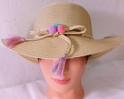 Hat Girl's 3-6 size, Straw, Lace Bow with Mini Pom Poms & Tassels, Beige color.