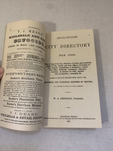 Houston City Directory for 1866 Vintage Reproduction 1960's Leonard Compiler - Imagen 6 de 11