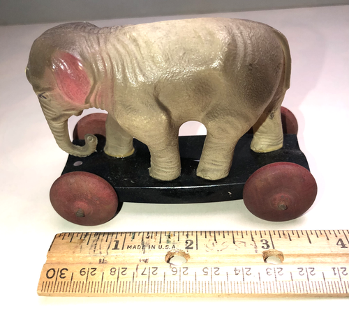 Vintage Zelluloid Elefant Zugspielzeug Holzräder markiert USA vorbesetzt Japan - Bild 7 von 9