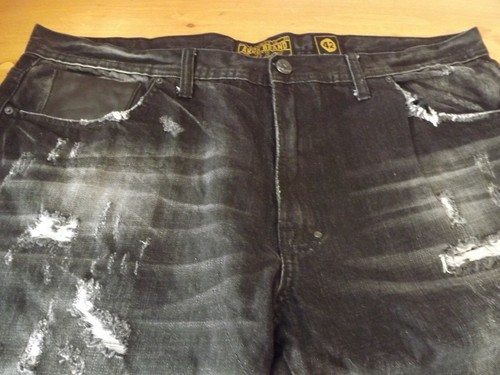 Vintage AKOO Used JEANS GR 42 W SCHWARZ Leder Tasche AUSBLENDEN LÖCHER - Bild 3 von 8