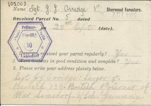 Prisoner Of War -LAMSDORF CAMP 25/10/18-Printed Postcard-Received Parcel - Picture 2 of 2